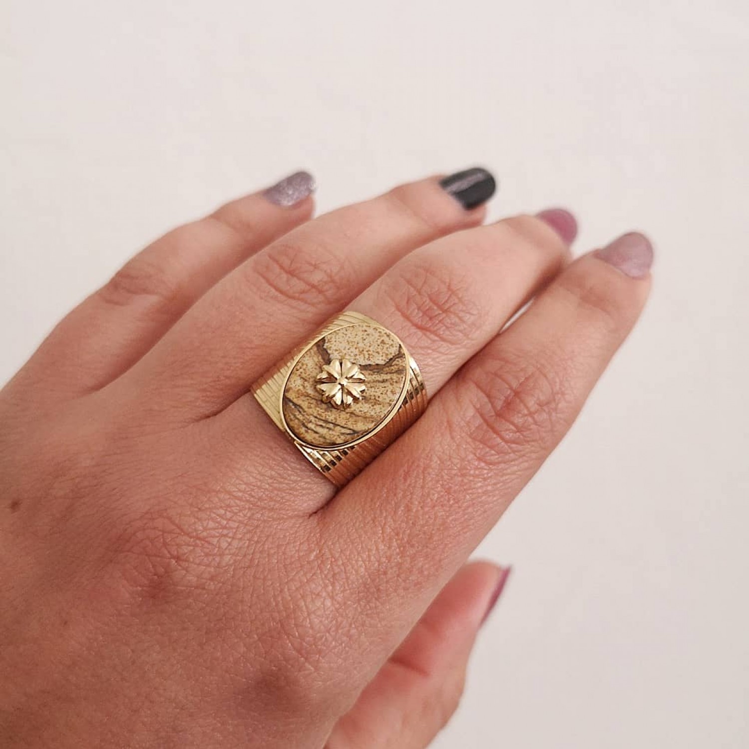 STAINLESS STEEL δαχτυλίδι ανοιγόμενο αντικέ μπεζ πέτρα κίτρινο χρυσό.