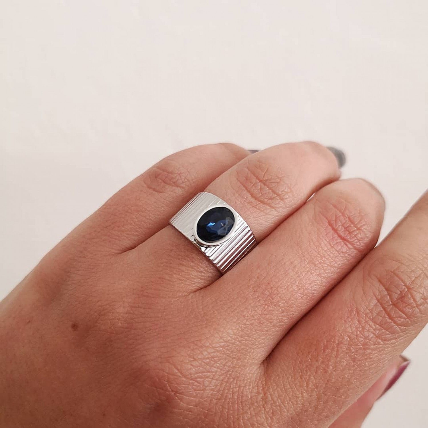 STAINLESS STEEL δαχτυλίδι ανοιγόμενο μπλε πέτρα ασημί.