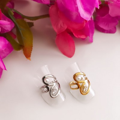 STAINLESS STEEL δαχτυλιδι ανοιγόμενο καρδιά με στρας και μαργαριτάρι.