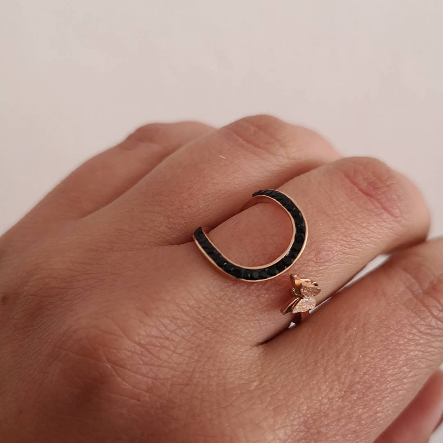 STAINLESS STEEL δαχτυλίδι ανοιγόμενο πεταλούδα μαύρο στρας ροζ χρυσό.