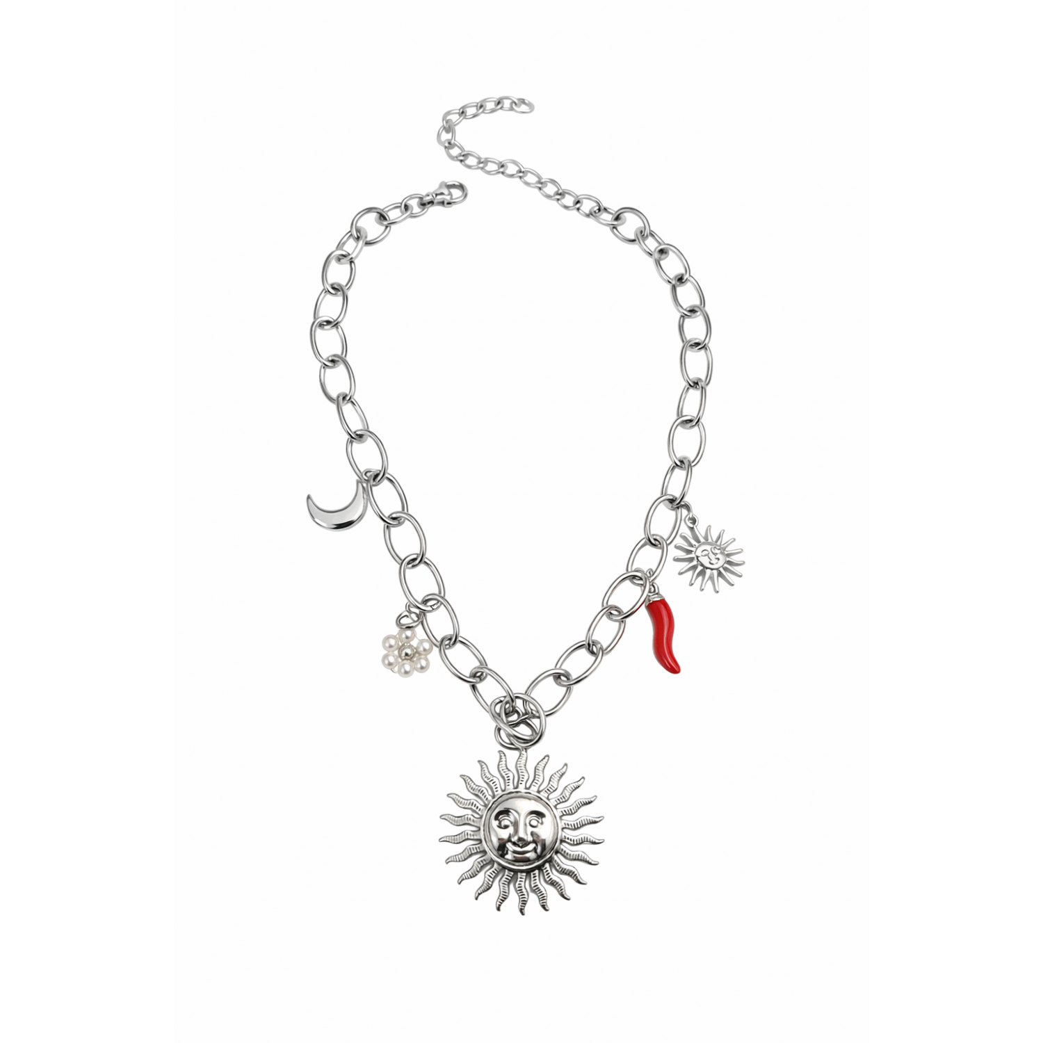 Ασημί Κολιέ Charm με Ήλιο, Σελήνη & Κόκκινη Πιπεριά